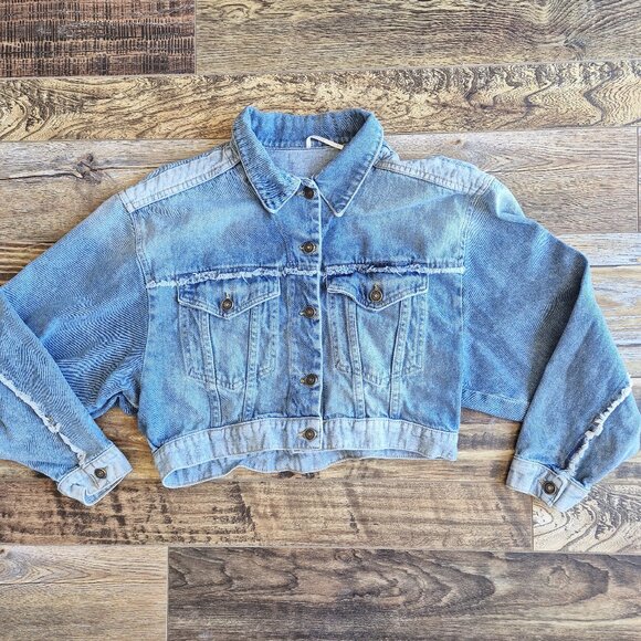Free People Bedford Cropped Denim Jacket Distressed Medium Wash Cotton - Picture 6 of 16